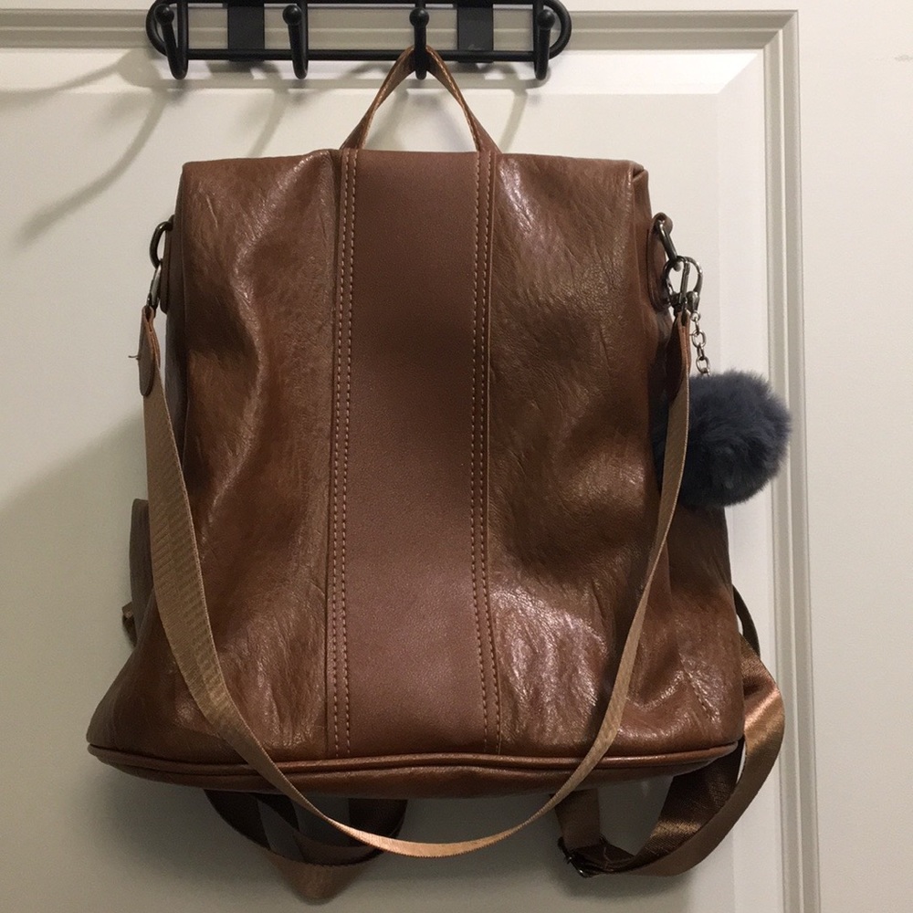 Vegan leather saddle brown theft-proof backpack